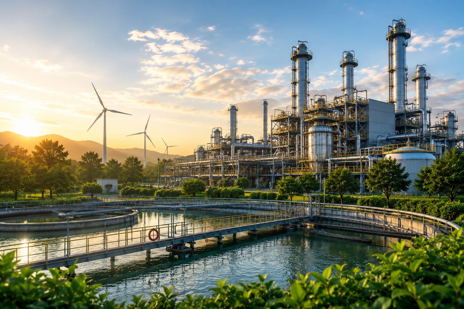 Petrochemical and process plant with multiple distillation columns, wind turbines on the hill behind and a circular water-treatment pond in front — illustrating the coke and metallurgical industrial landscape Terrasafe operates inside