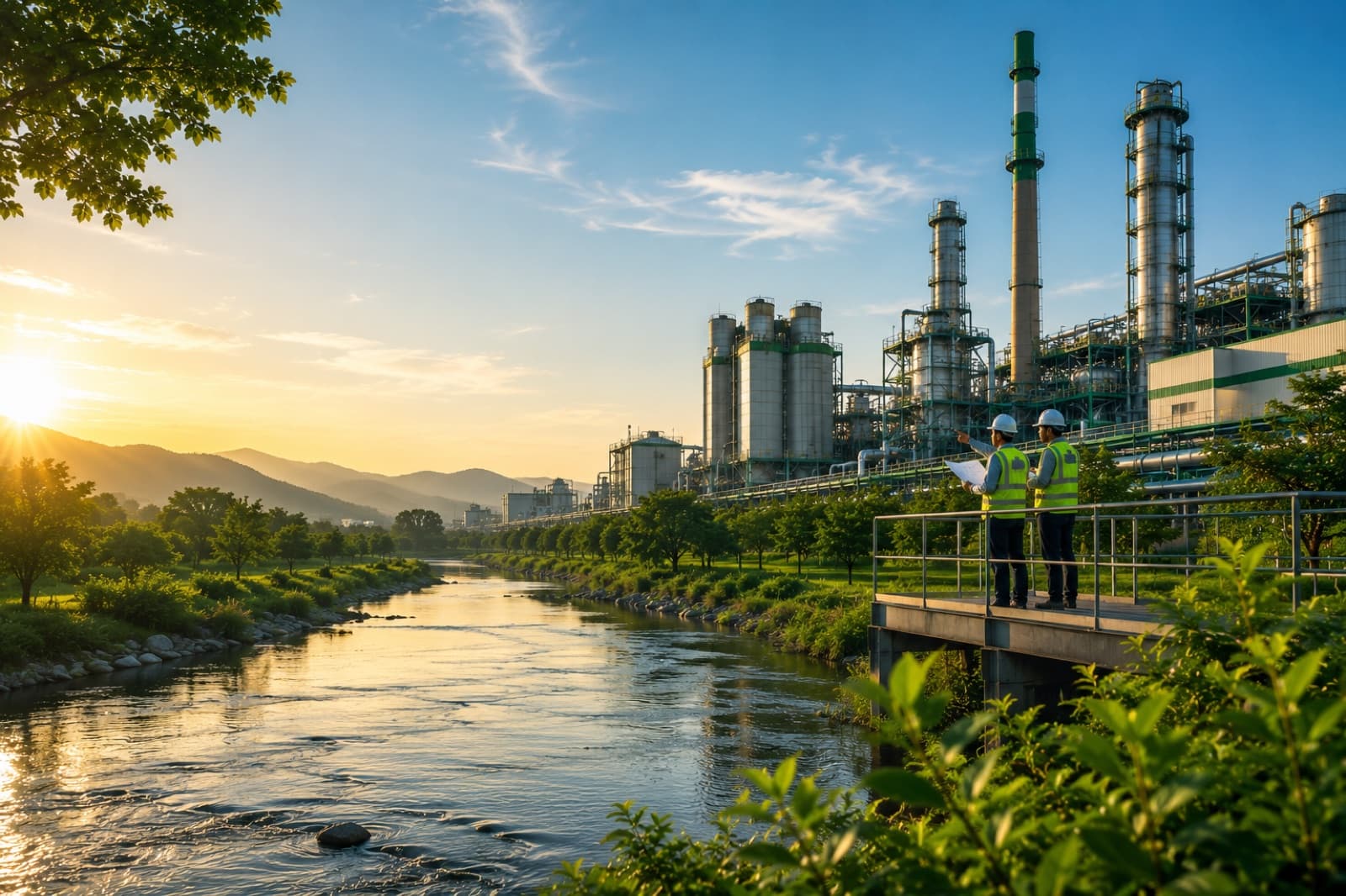 Two engineers in high-visibility vests and hardhats on a platform overlooking a river and an industrial complex with green-painted chimneys at sunset