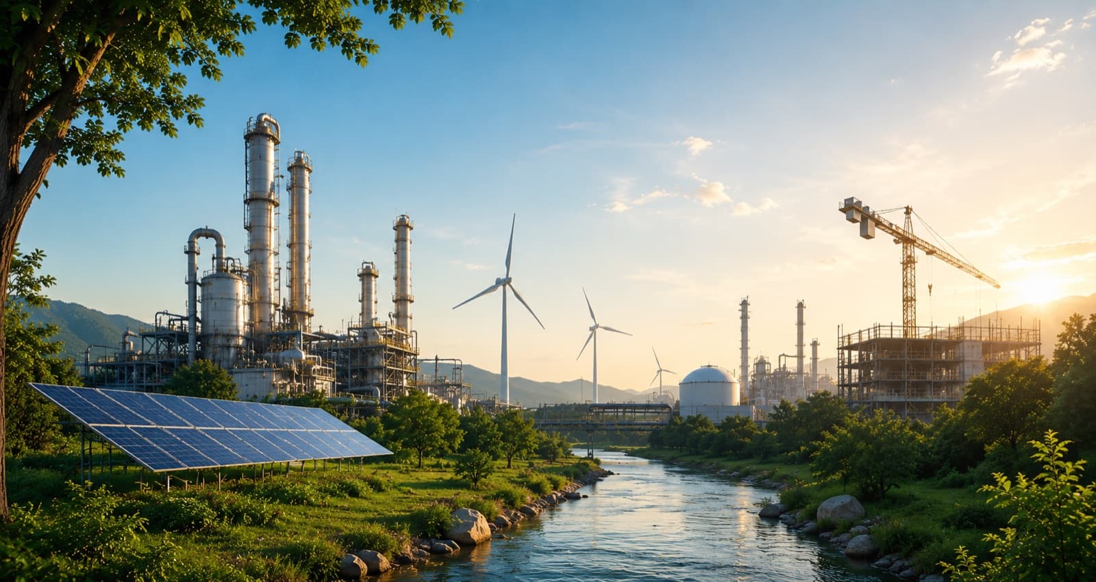 Industrial complex with smokestacks, wind turbines and a solar array beside a river bordered by trees at sunset — illustrating Terrasafe's intersection of industry and environmental practice