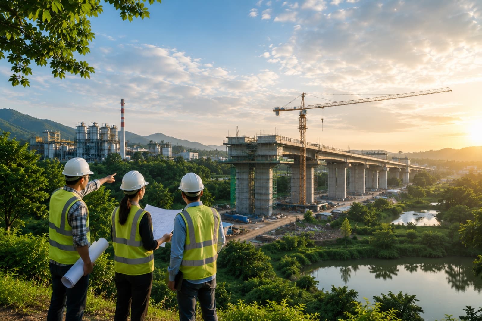 Three engineers in hardhats and safety vests standing on a hillside reviewing plans, overlooking a bridge under construction with cranes and an industrial plant beyond